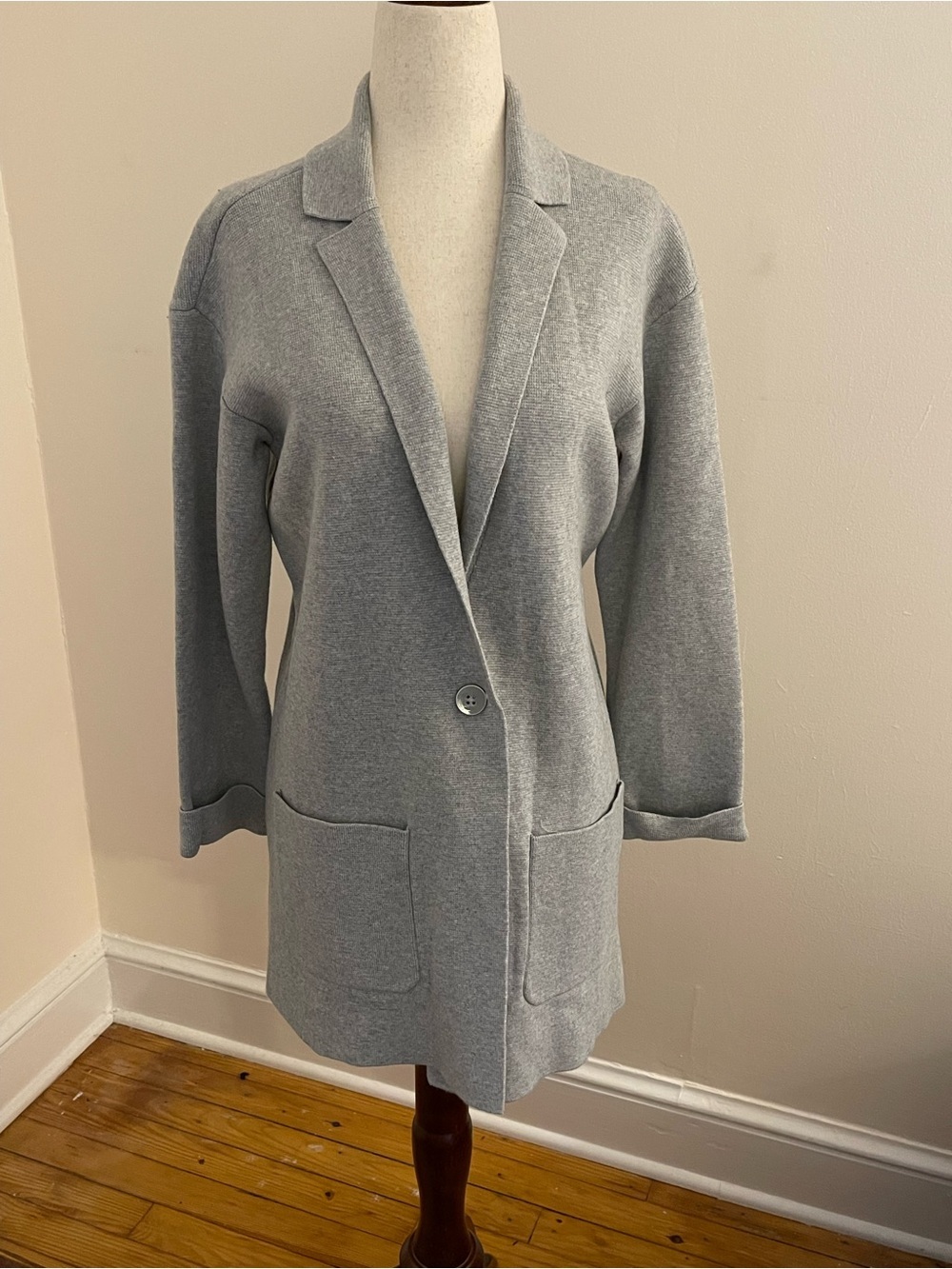 Talbots Gray Knit Sweater Blazer Medium Cotton Rayon One Button Career Jacket